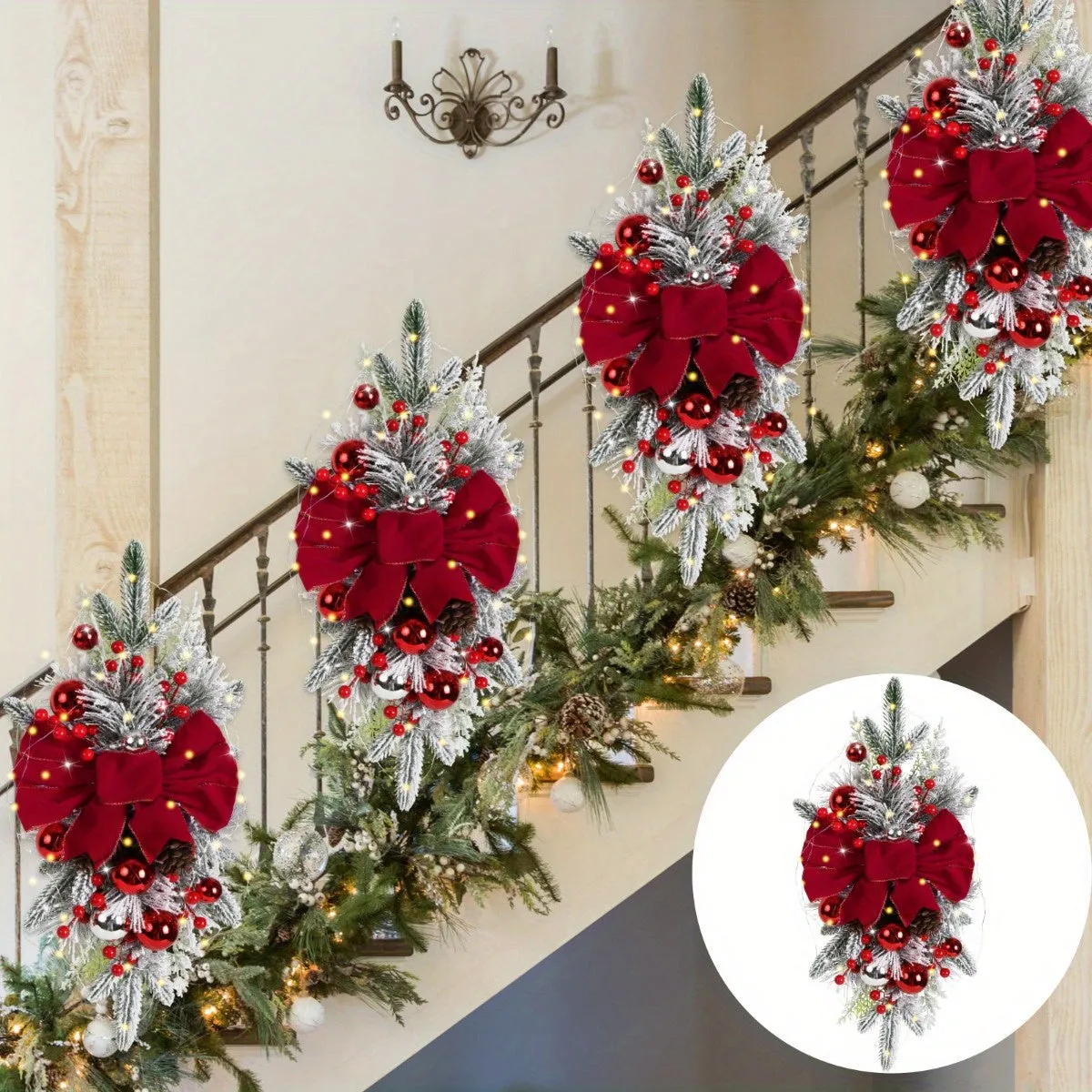 1Pc Festive Christmas Swag Wreath - Artificial Flowers for Stairs, Home, Party, Shop Window Decoration with Lights, Garland, Easy Installation, Durable, and Reusable Design