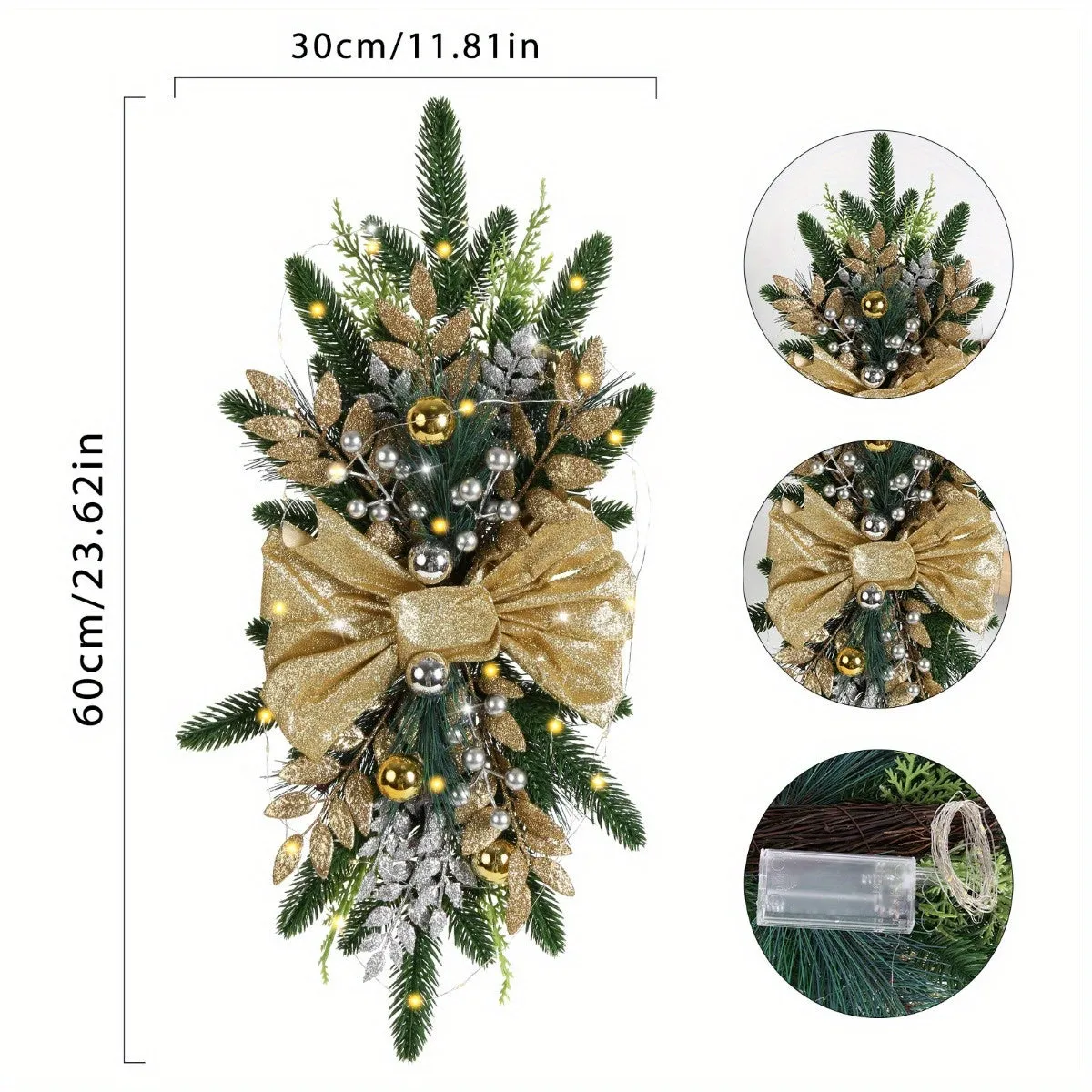 1Pc Festive Christmas Swag Wreath - Artificial Flowers for Stairs, Home, Party, Shop Window Decoration with Lights, Garland, Easy Installation, Durable, and Reusable Design