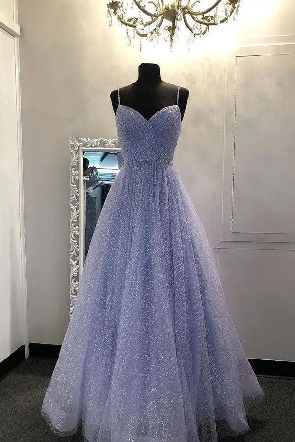 A-line Straps V Neckline Lilac Tulle Sparkly Prom Dress Formal Dress PSK250