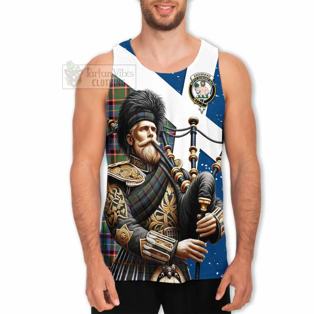 Aikenhead Tartan Men's Tank Top with Family Crest Scottish Bagpiper Vibes