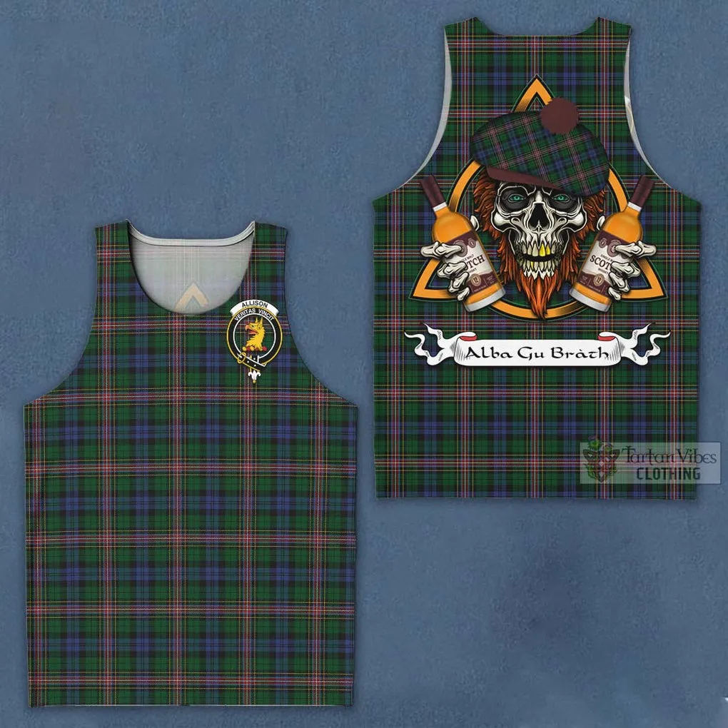 Allison Tartan Men's Tank Top with Family Crest and Bearded Skull Holding Bottles of Whiskey