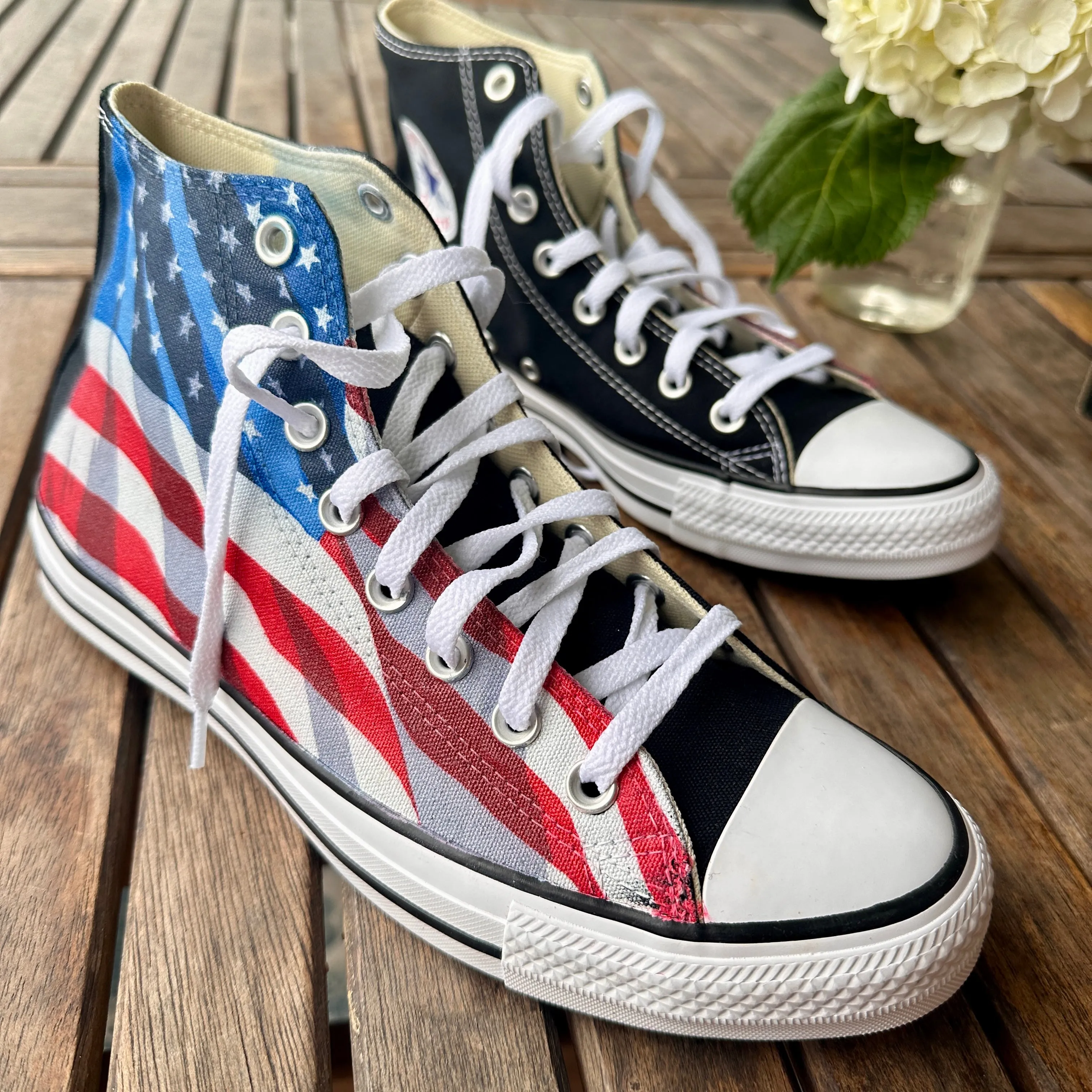 American Flag Black Converse High Top Chuck Taylor Shoes Made In USA