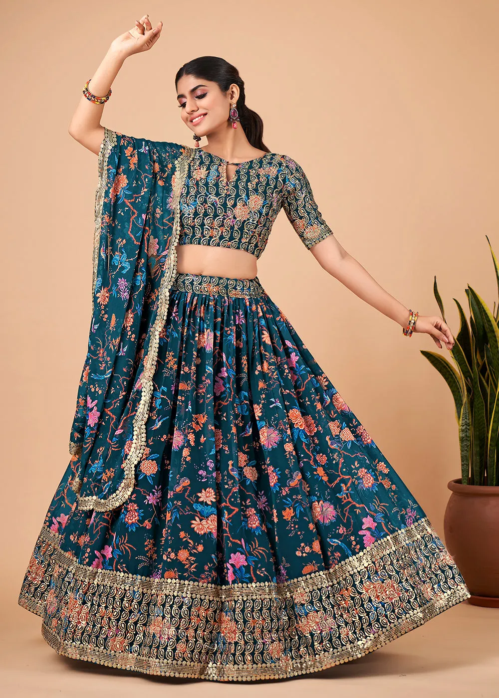 Awesome Teal Blue Floral Printed Georgette Lehenga Choli