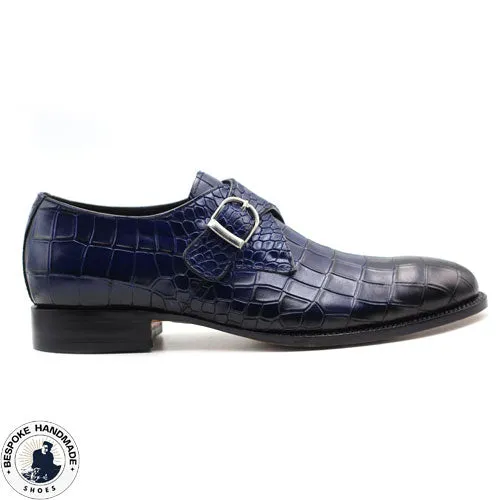 Bespoke Men's Handmade Blue Leather, Black Shaded Single Monk Strap Slip On Party Shoes For Men's