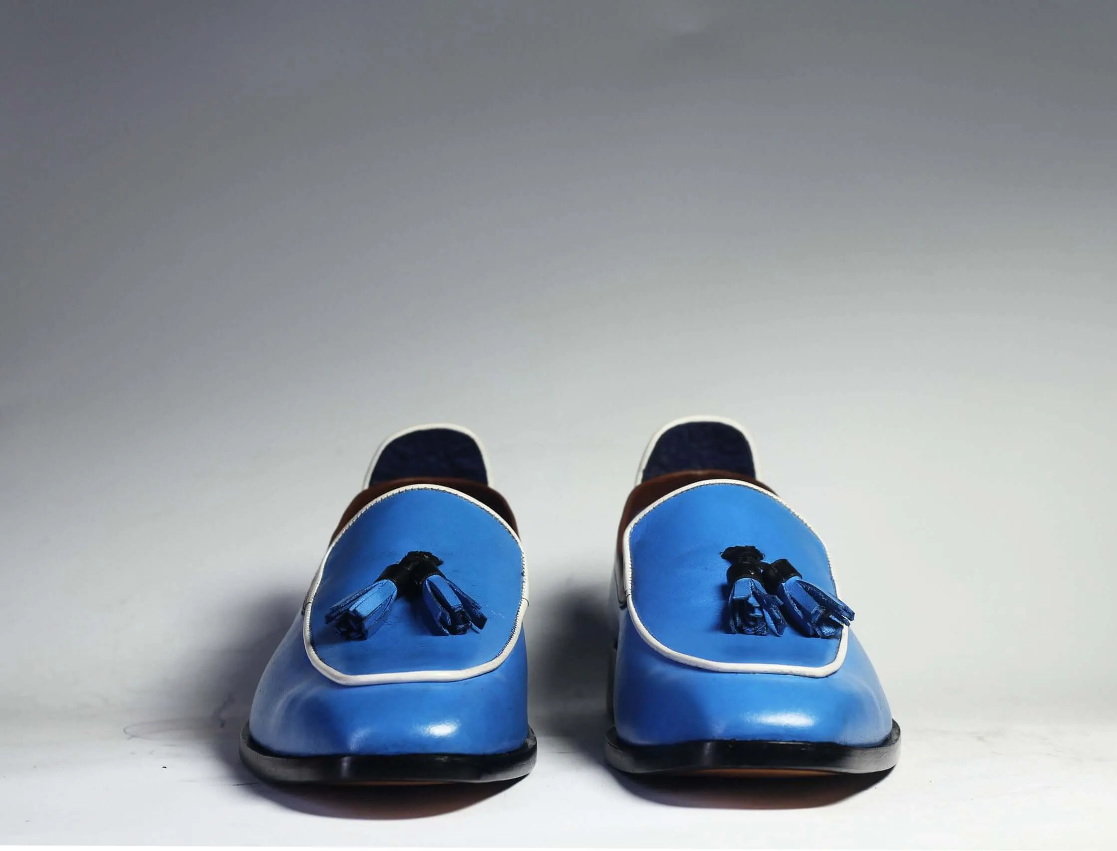 Bespoke Sky Blue Leather Tussle Loafer Shoes for Men's