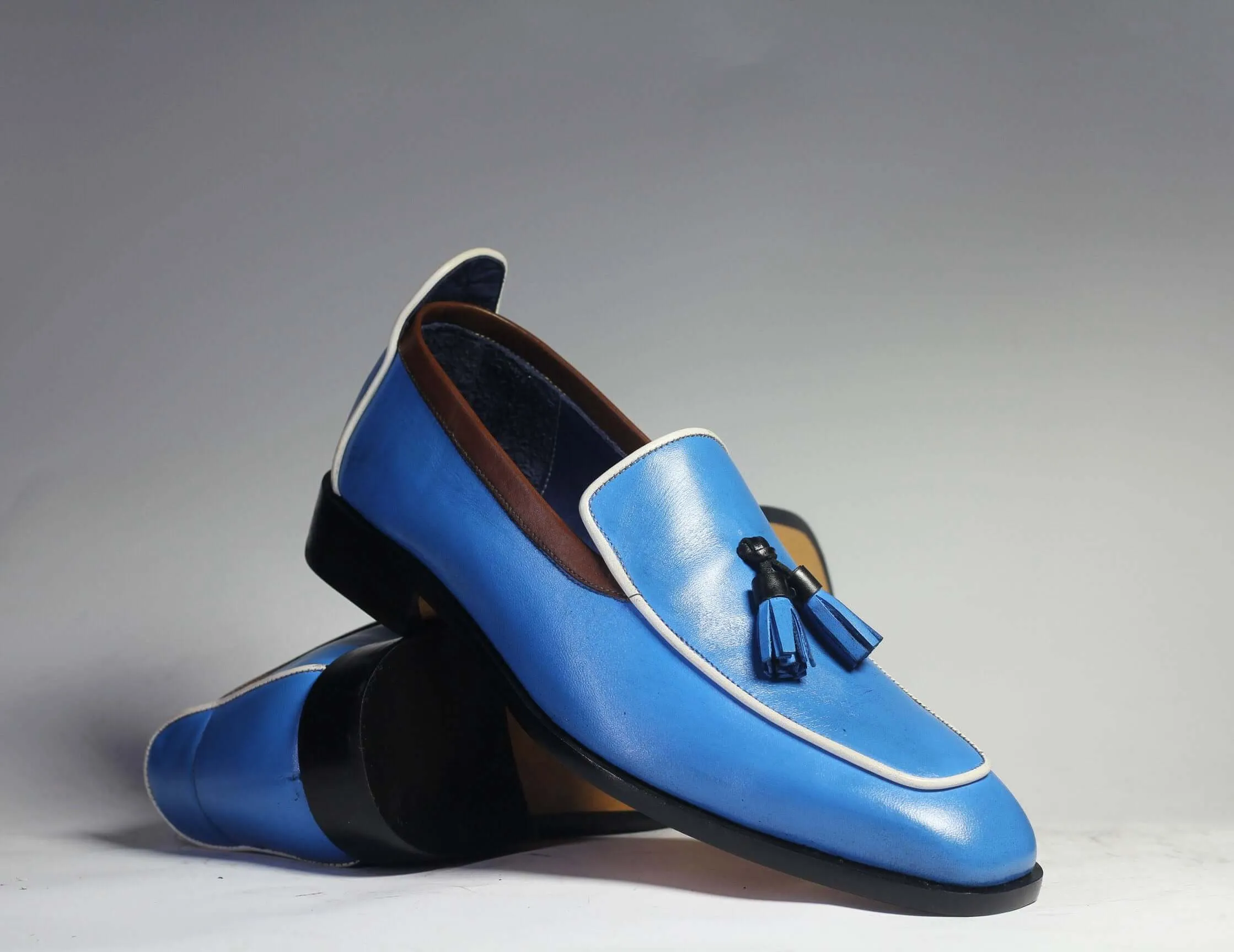 Bespoke Sky Blue Leather Tussle Loafer Shoes for Men's