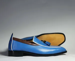 Bespoke Sky Blue Leather Tussle Loafer Shoes for Men's