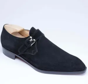 Black Suede Monk Strap Shoes,Men's Hand Painted Shoes