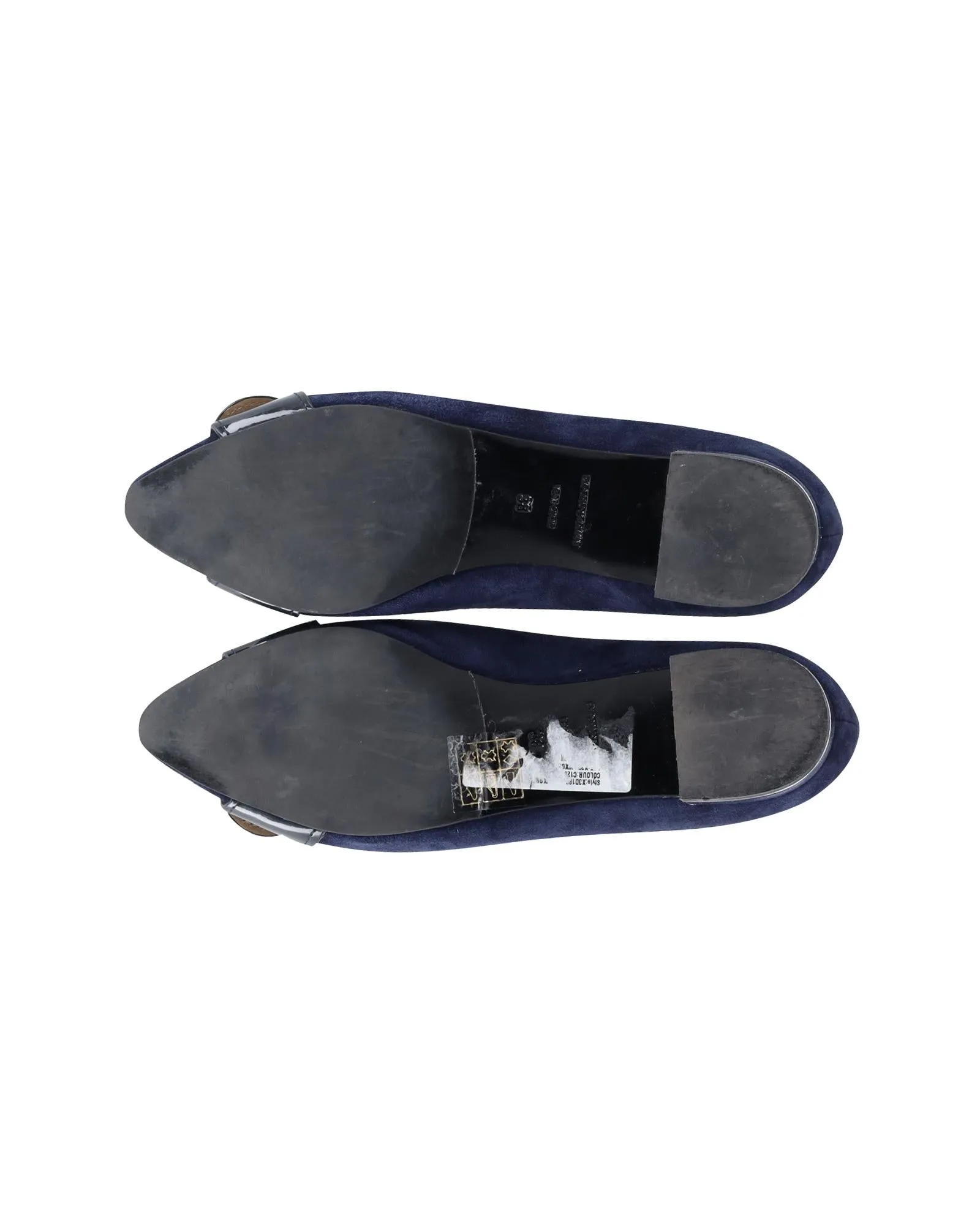 Blue Suede Point-Toe Ballet Flats with Patent Leather Band Design