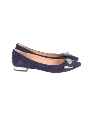 Blue Suede Point-Toe Ballet Flats with Patent Leather Band Design