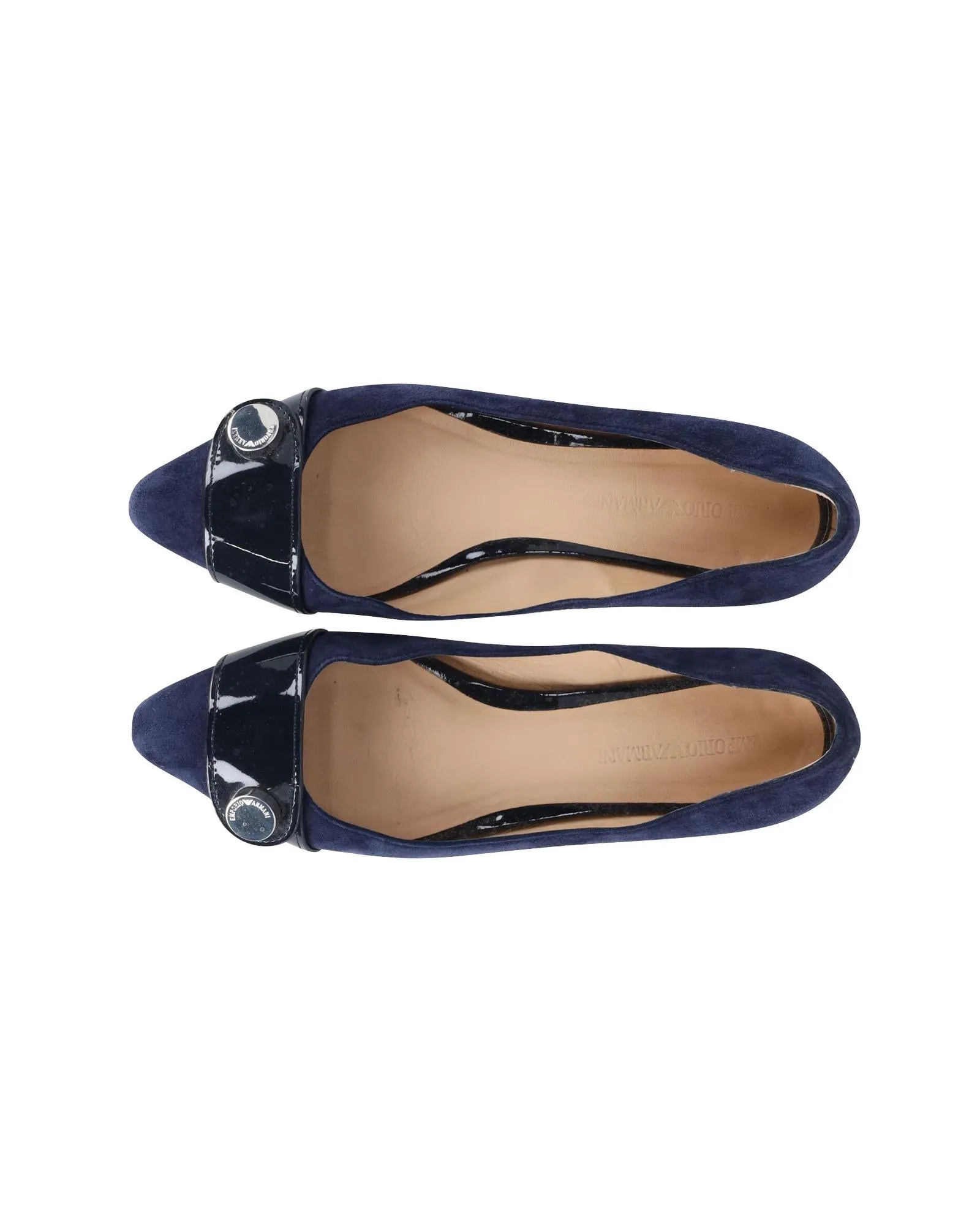 Blue Suede Point-Toe Ballet Flats with Patent Leather Band Design