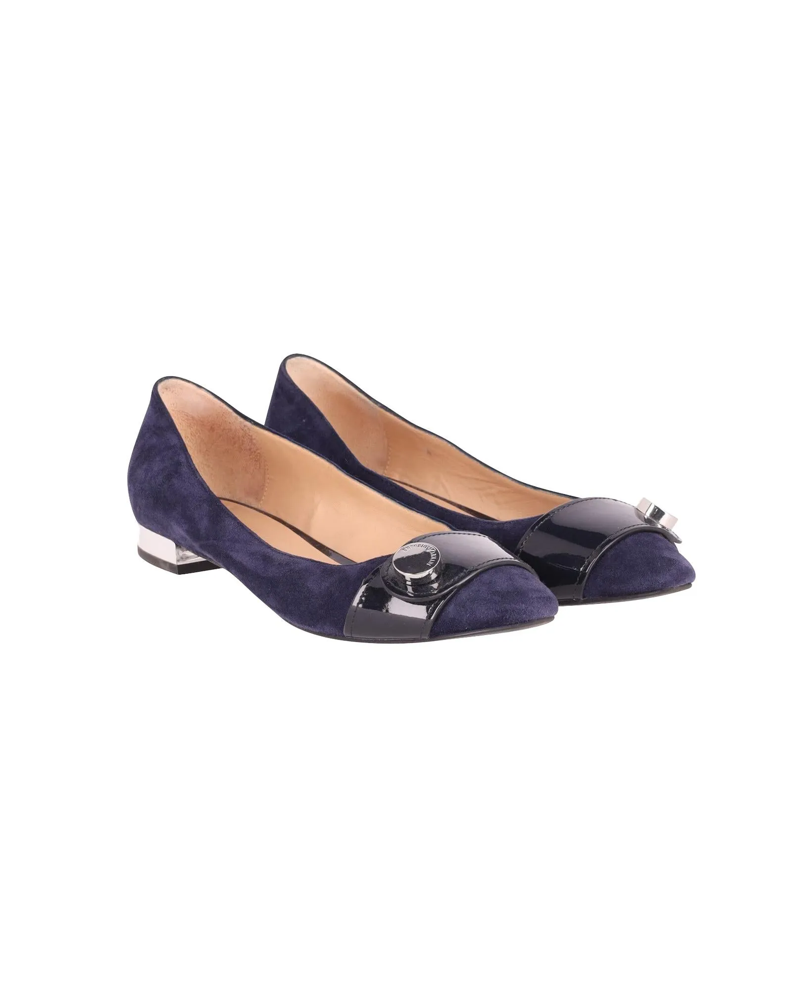 Blue Suede Point-Toe Ballet Flats with Patent Leather Band Design