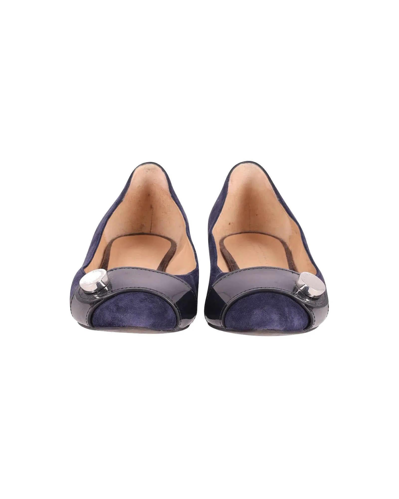 Blue Suede Point-Toe Ballet Flats with Patent Leather Band Design