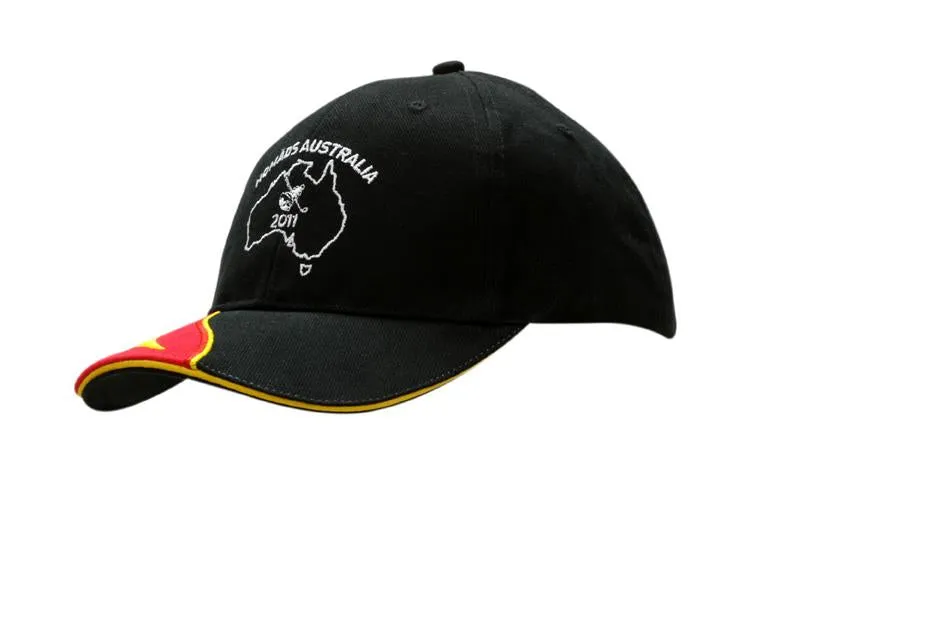 BRUSHED HEAVY COTTON CAP WITH FABRIC INSERT & EMBROIDERY ON PEAK WITH SANDWICH TRIM