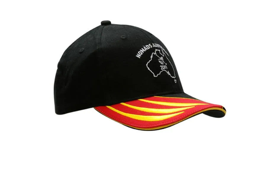 BRUSHED HEAVY COTTON CAP WITH FABRIC INSERT & EMBROIDERY ON PEAK WITH SANDWICH TRIM