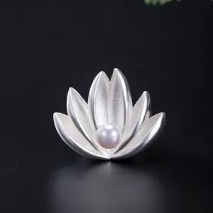 Buddha Stones 925 Sterling Silver Lotus Flower Pearl New Beginning Brooch