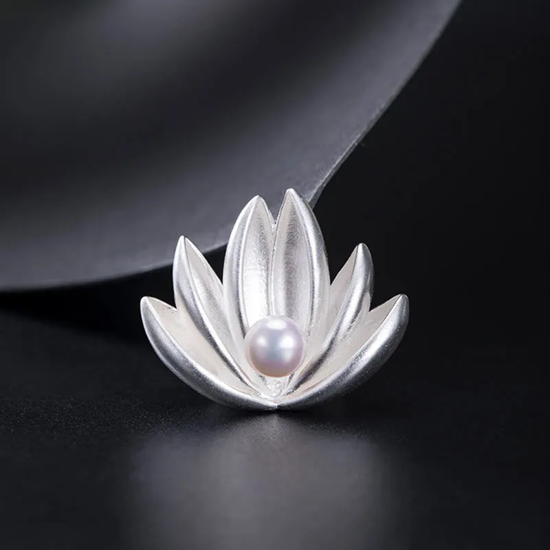 Buddha Stones 925 Sterling Silver Lotus Flower Pearl New Beginning Brooch