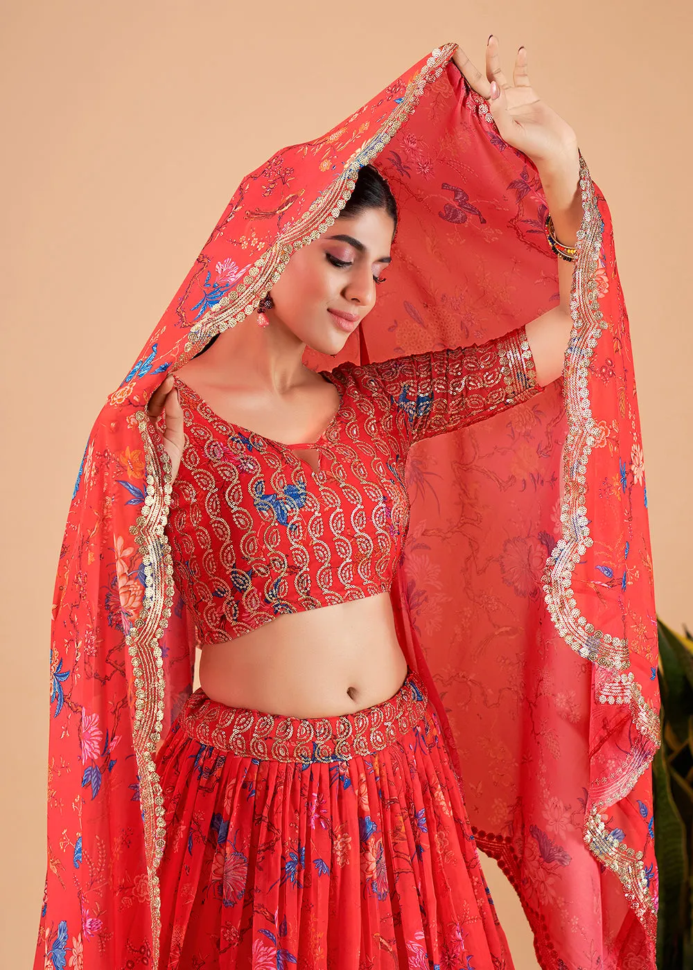 Captivating Bright Red Floral Printed Georgette Lehenga Choli