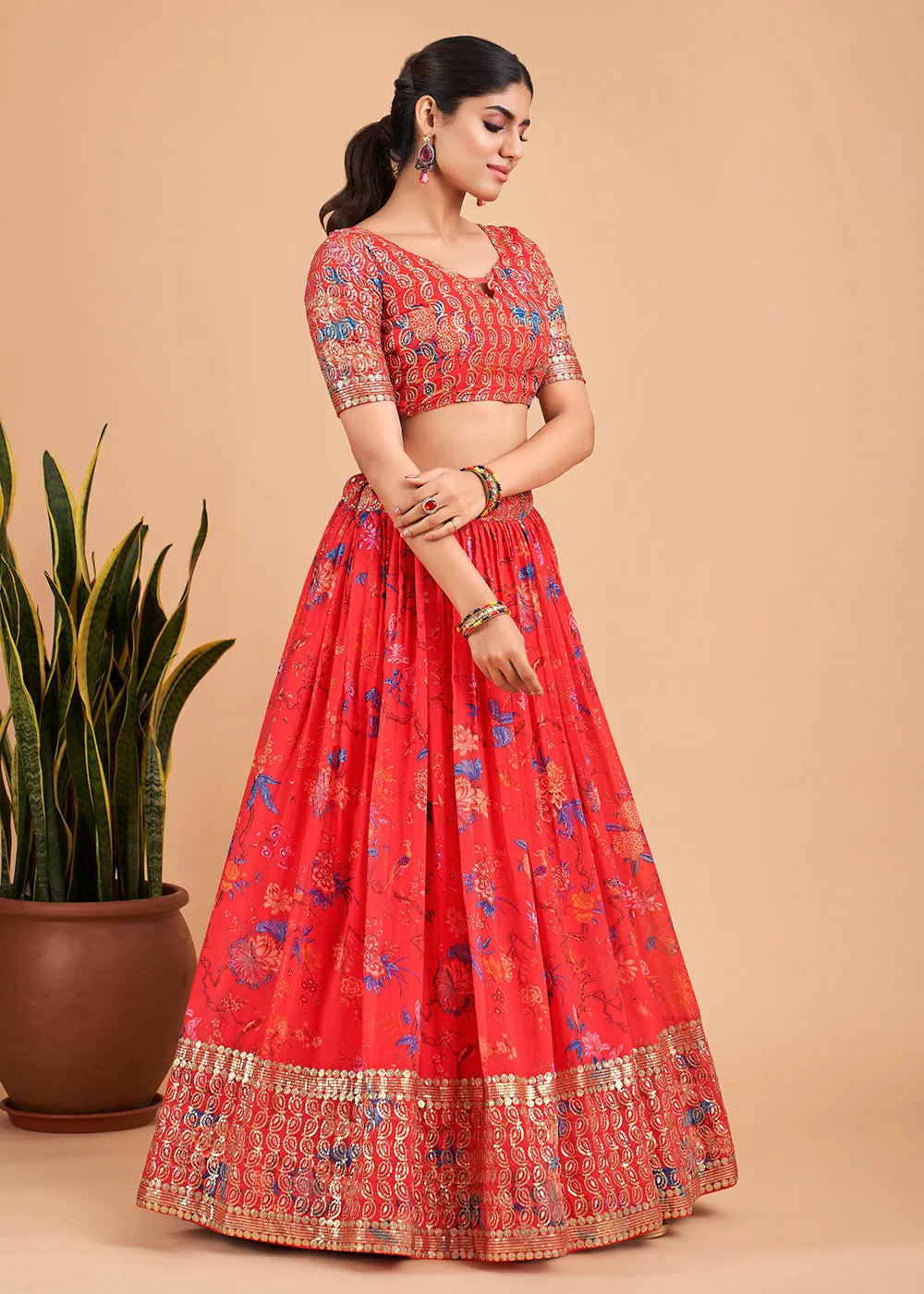 Captivating Bright Red Floral Printed Georgette Lehenga Choli