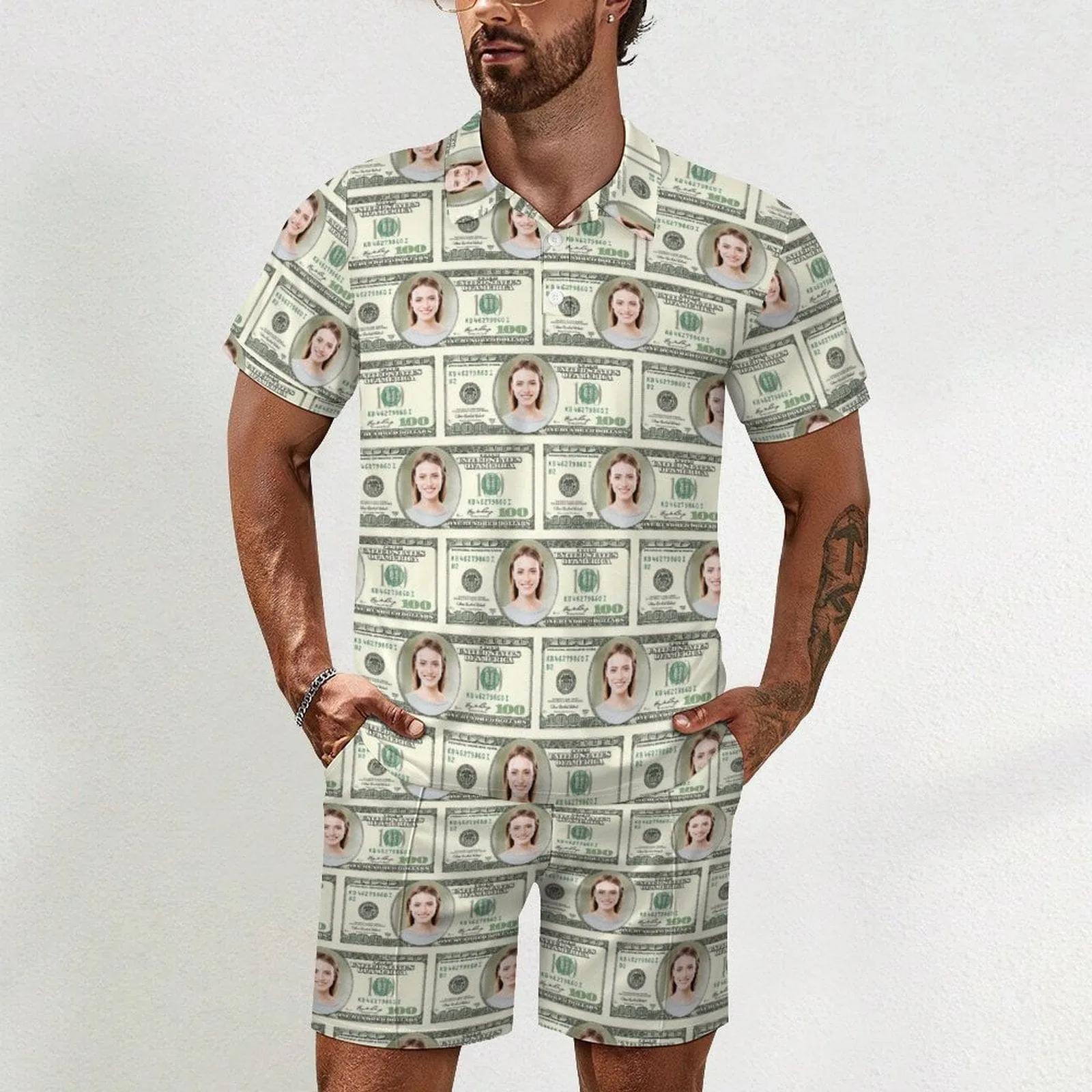 Custom Face Dollar Men's Polo Shirt and Shorts Set 2 Piece Summer Outfits Fashion Tracksuit Set