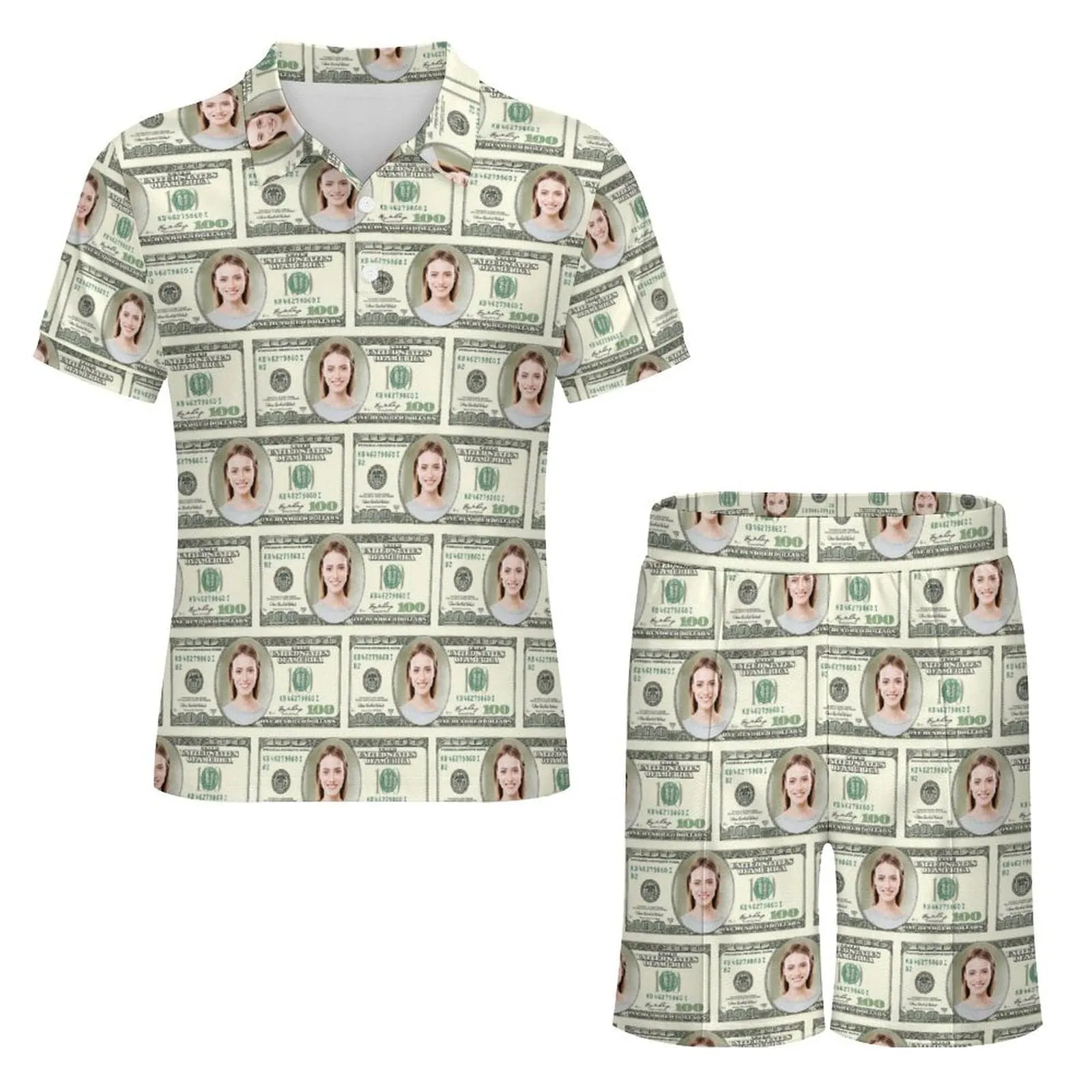 Custom Face Dollar Men's Polo Shirt and Shorts Set 2 Piece Summer Outfits Fashion Tracksuit Set