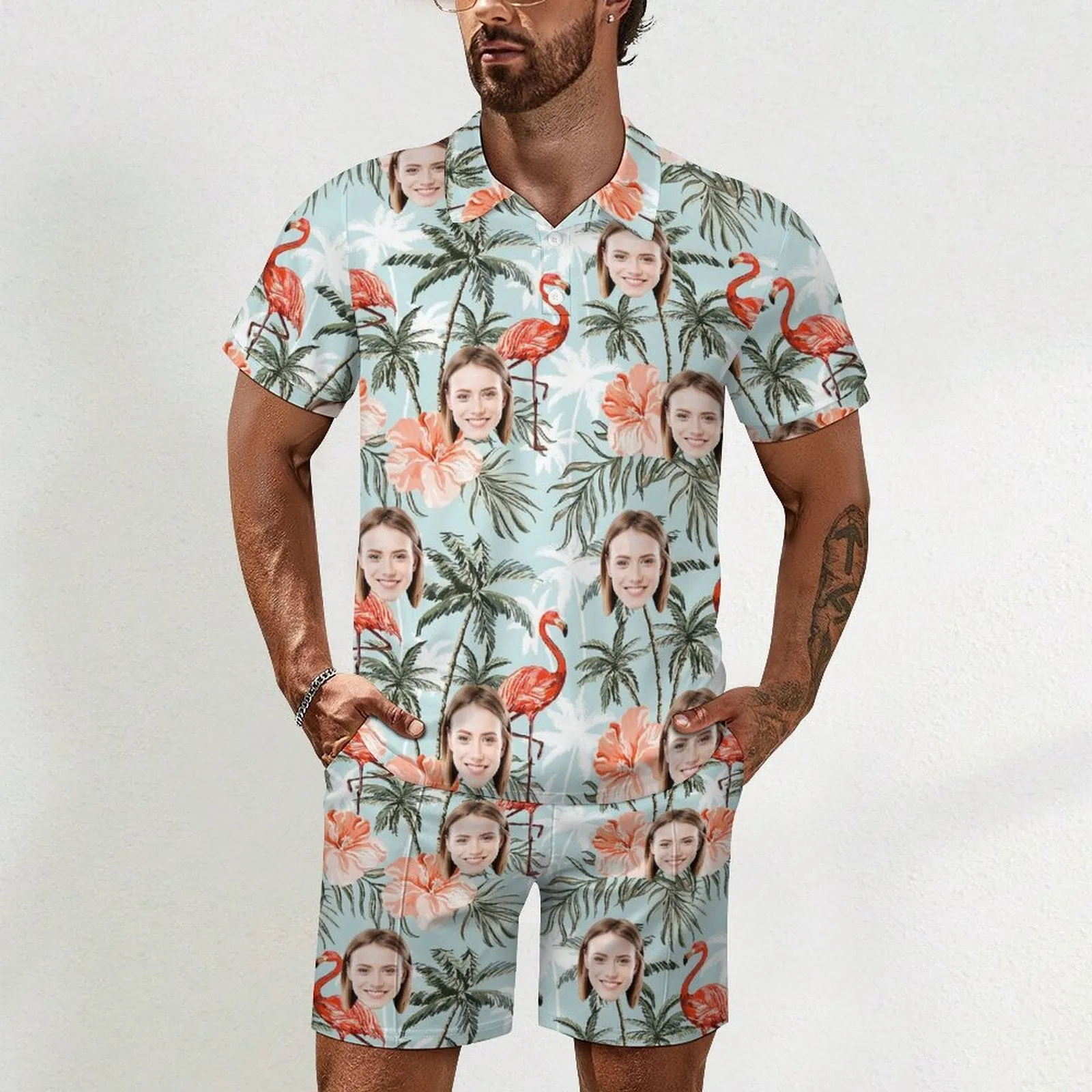 Custom Face Flamingo Men's Polo Shirt and Shorts Set 2 Piece Summer Outfits Fashion Tracksuit Set