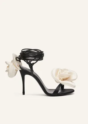 Double ivory flower heel sandals in black satin