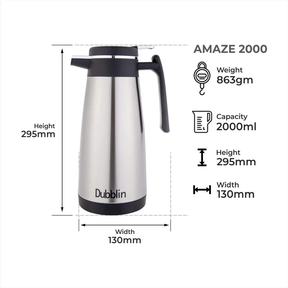 Dubblin Amaze Stainless Steel Kettle Double Wall Vacuum Insulated BPA Free, Thermos Flask Keeps Hot 12 Hours, Cold 12 Hours (Silver 2000 ML)