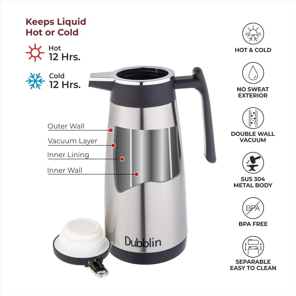 Dubblin Amaze Stainless Steel Kettle Double Wall Vacuum Insulated BPA Free, Thermos Flask Keeps Hot 12 Hours, Cold 12 Hours (Silver 2000 ML)