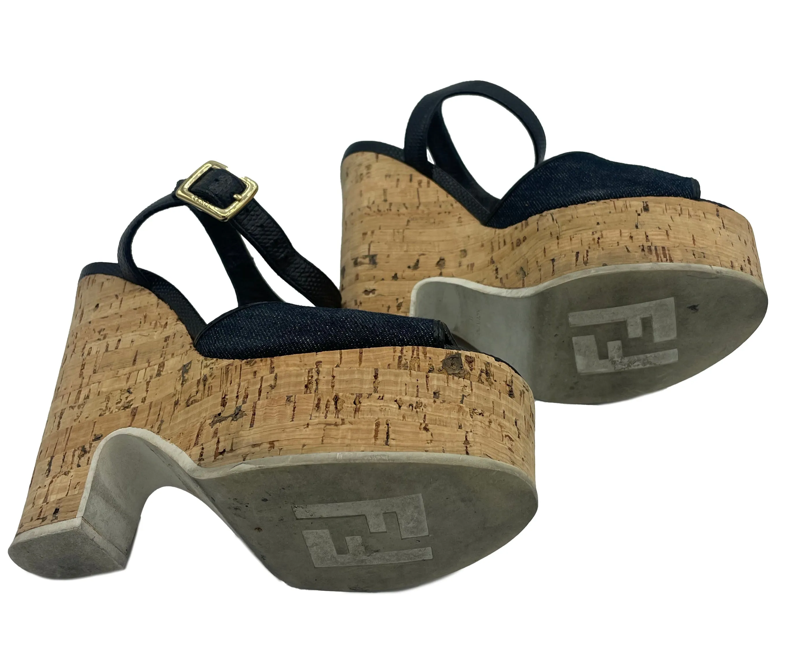 Fendi 2000s Blue Denim Wedge Sandal Heels