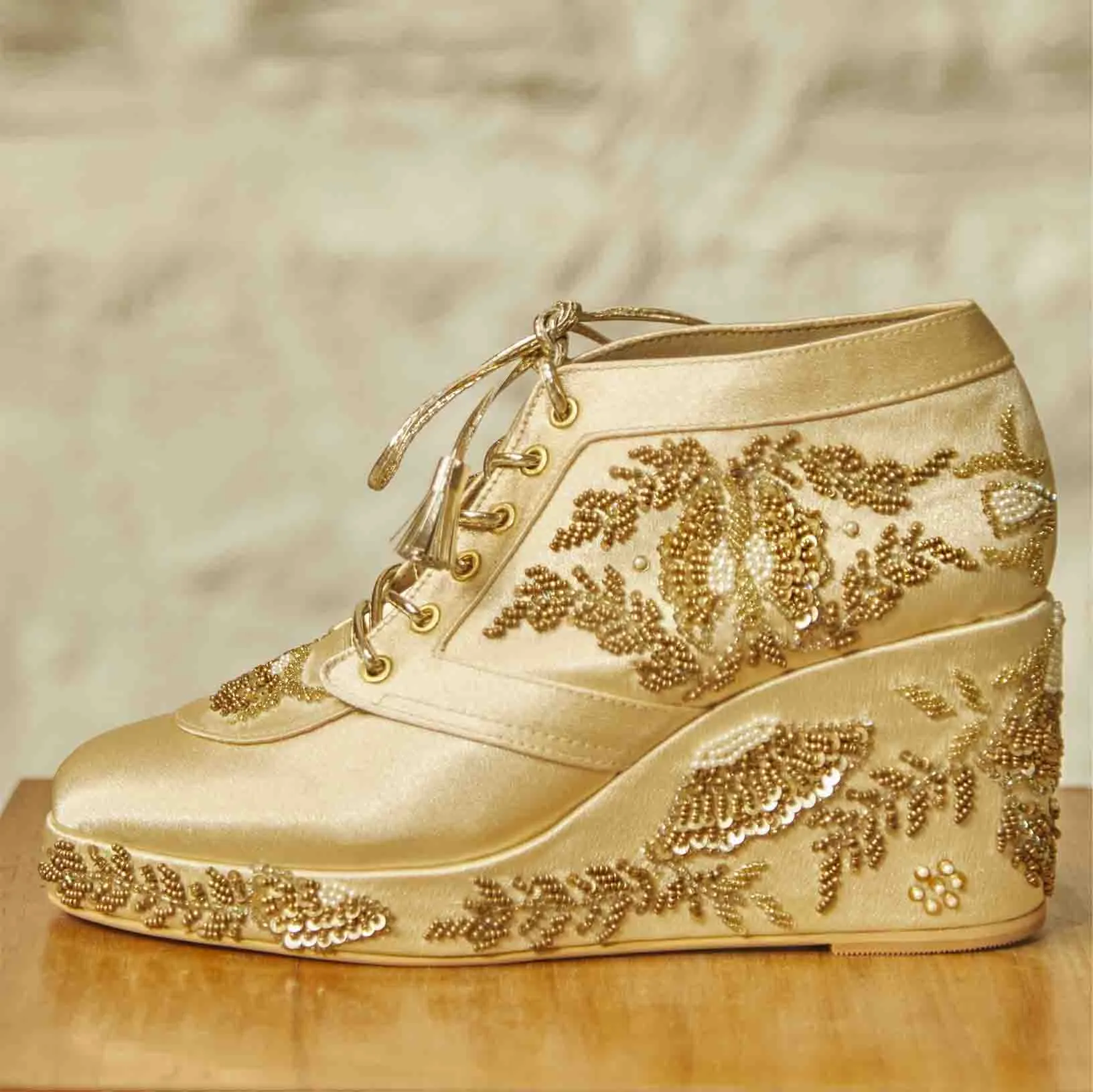 Gold Satin Embroidered Bridal Sneaker Wedges - Customized Wedding Shoes | Tiesta