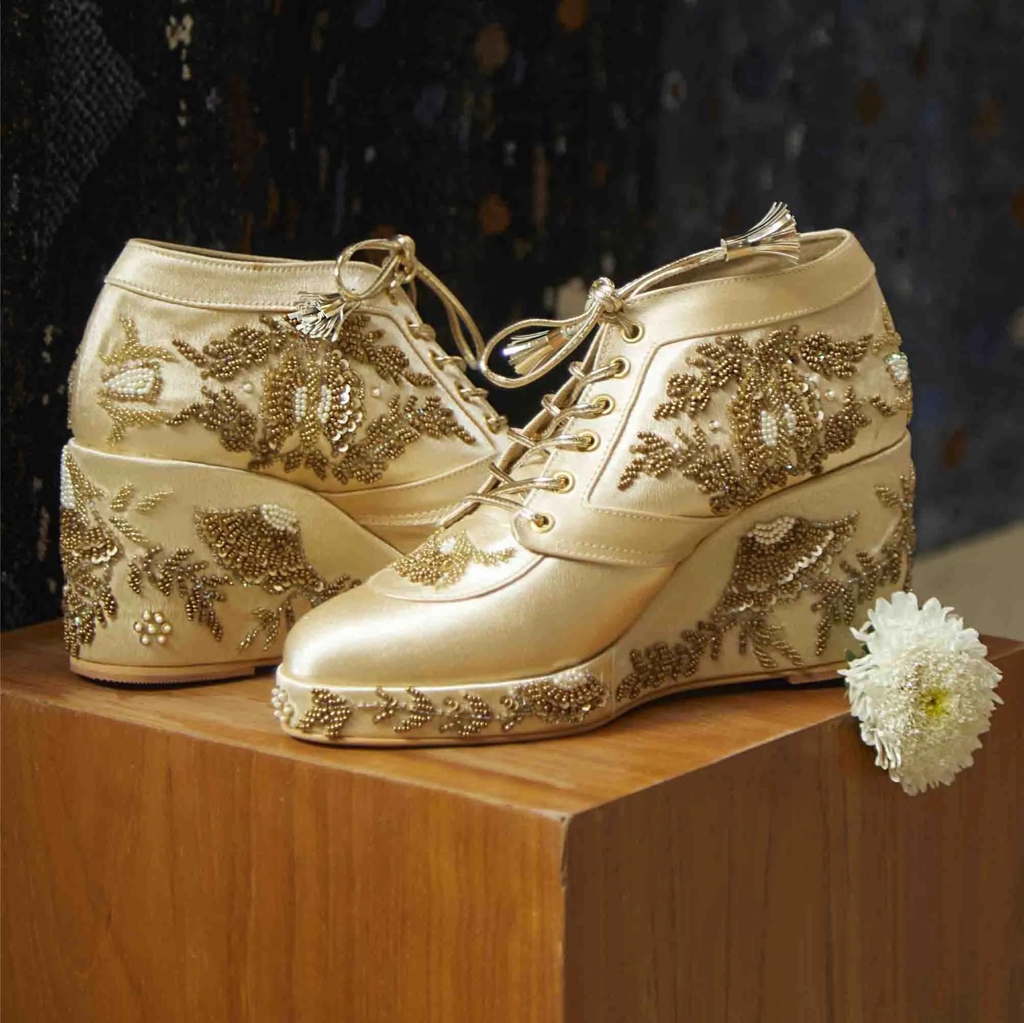 Gold Satin Embroidered Bridal Sneaker Wedges - Customized Wedding Shoes | Tiesta