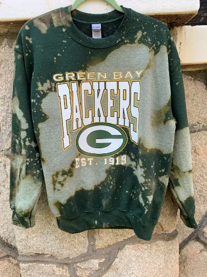 Handmade Green Bay Packers Forest Green Bleached Unisex Crewneck Sweatshirt