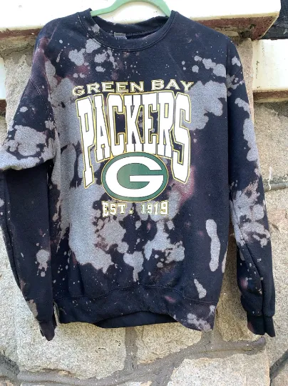 Handmade Green Bay Packers Forest Green Bleached Unisex Crewneck Sweatshirt