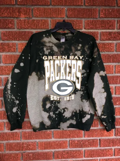 Handmade Green Bay Packers Forest Green Bleached Unisex Crewneck Sweatshirt