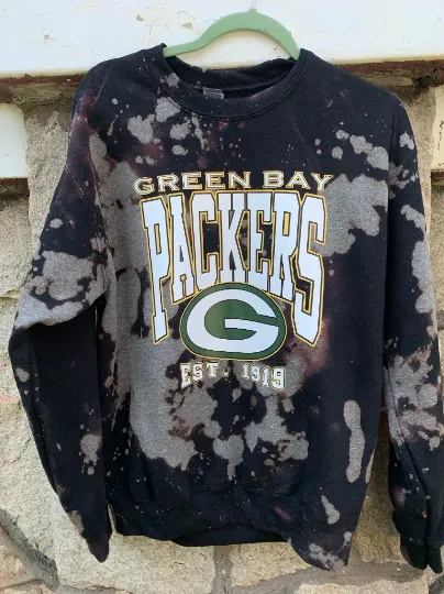 Handmade Green Bay Packers Forest Green Bleached Unisex Crewneck Sweatshirt