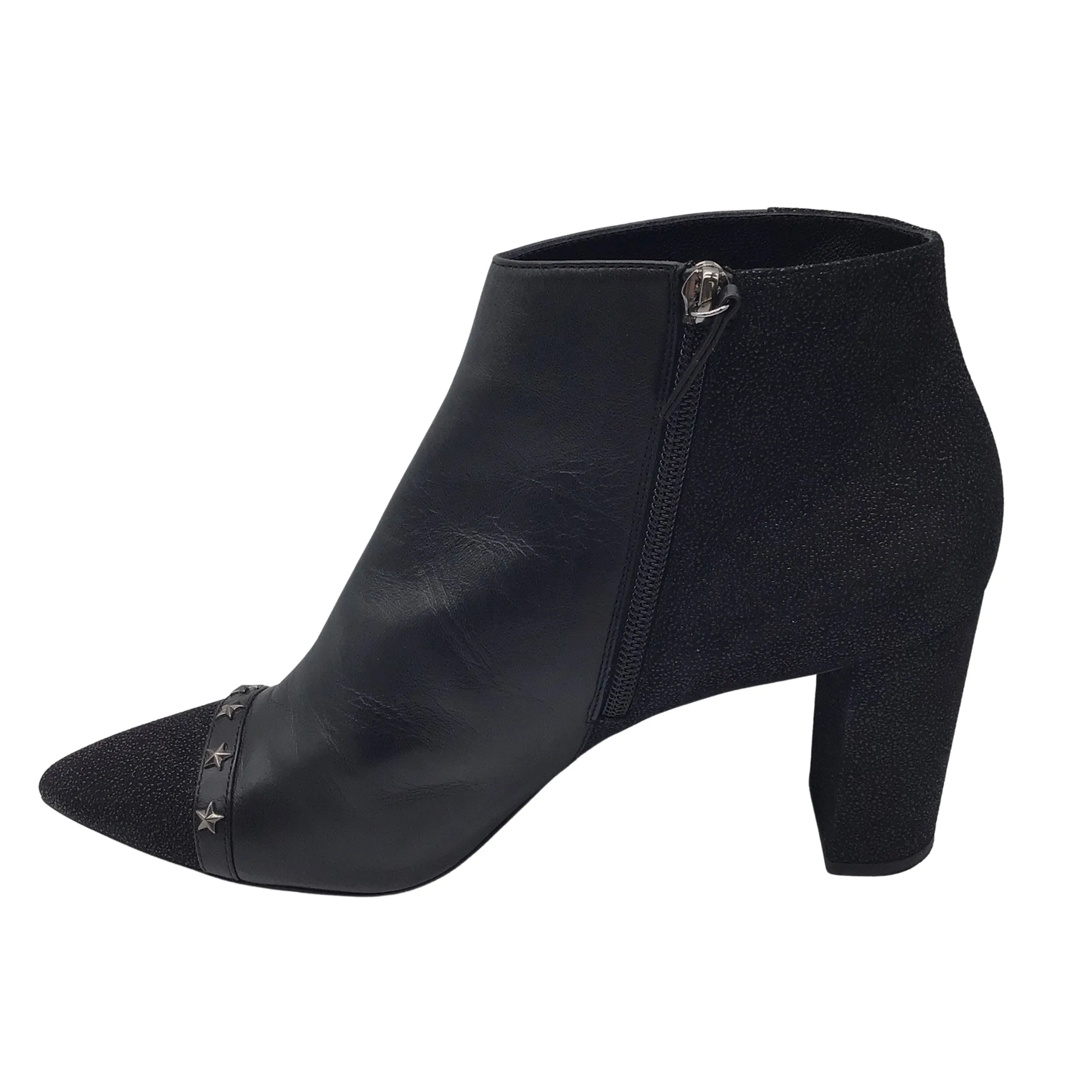 Longchamp Black Star Studded Pointed Toe Leather Ankle Boots