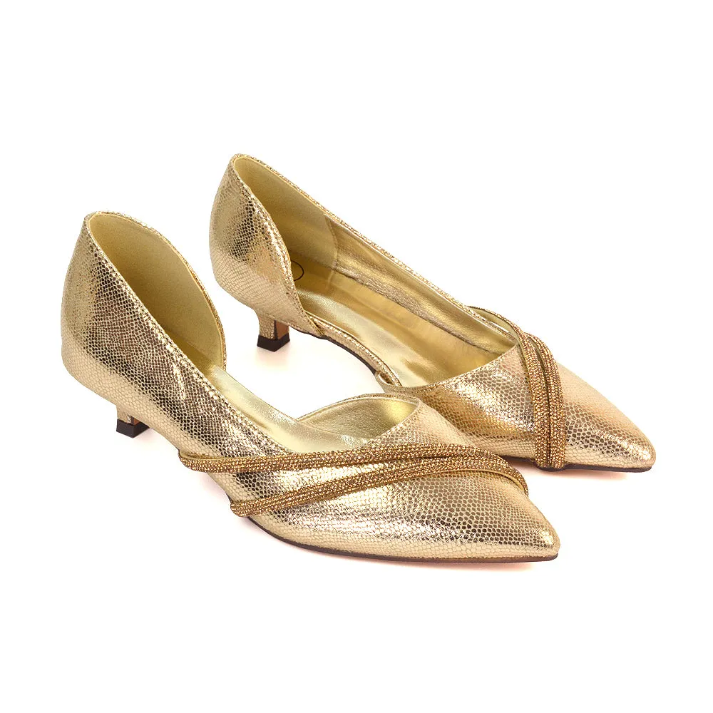 Lucie Low Kitten Heel Diamante Rhinestone Pointed Toe Court Heels in Gold