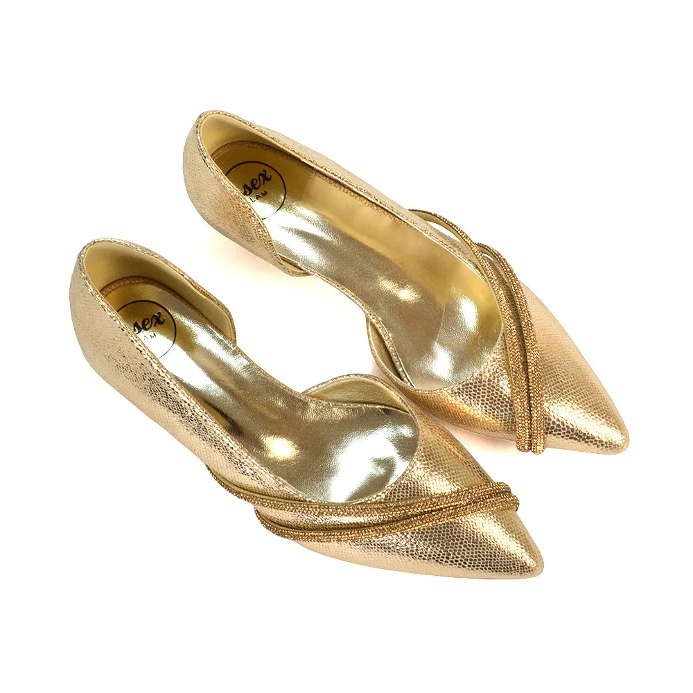 Lucie Low Kitten Heel Diamante Rhinestone Pointed Toe Court Heels in Gold