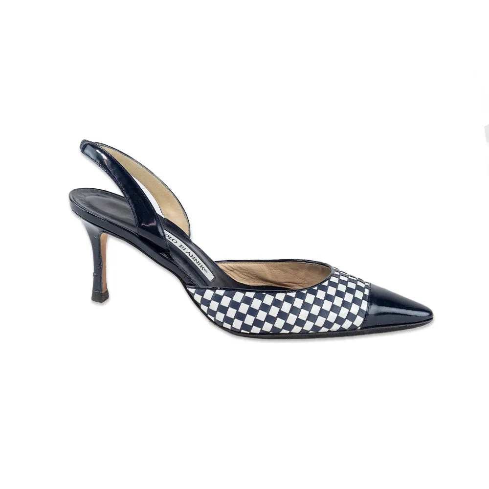 Manolo Blahnik Navy and White Checkered Leather Kitten Heels