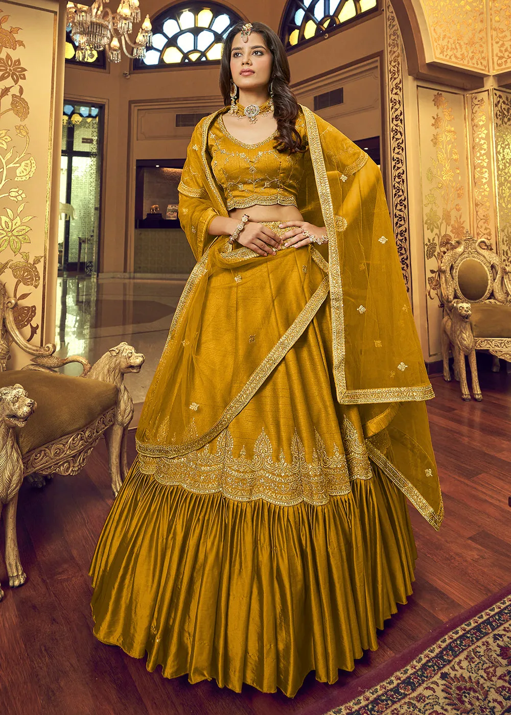 Mustard Yellow Lino Silk Ruffle Party Wear Lehenga Choli