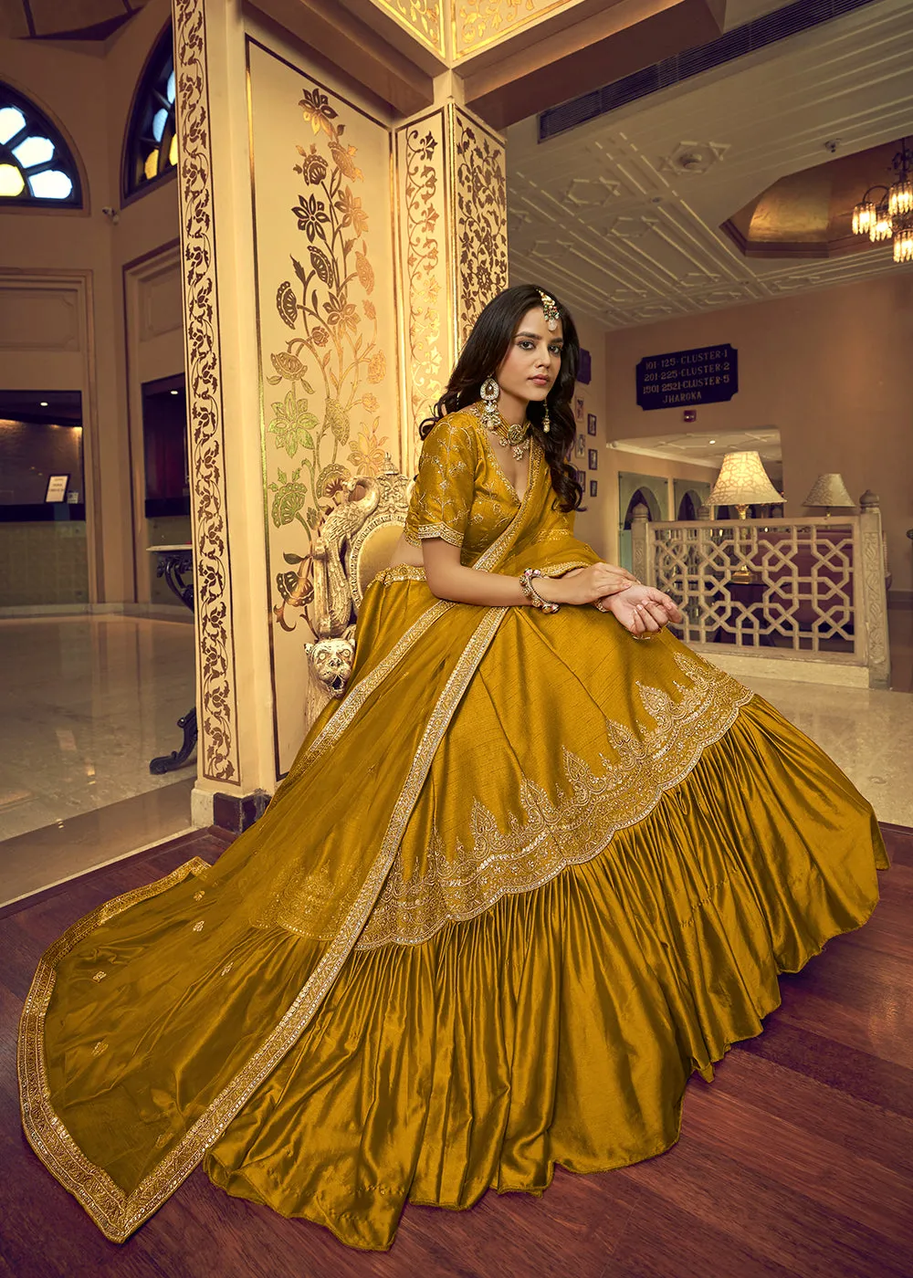 Mustard Yellow Lino Silk Ruffle Party Wear Lehenga Choli