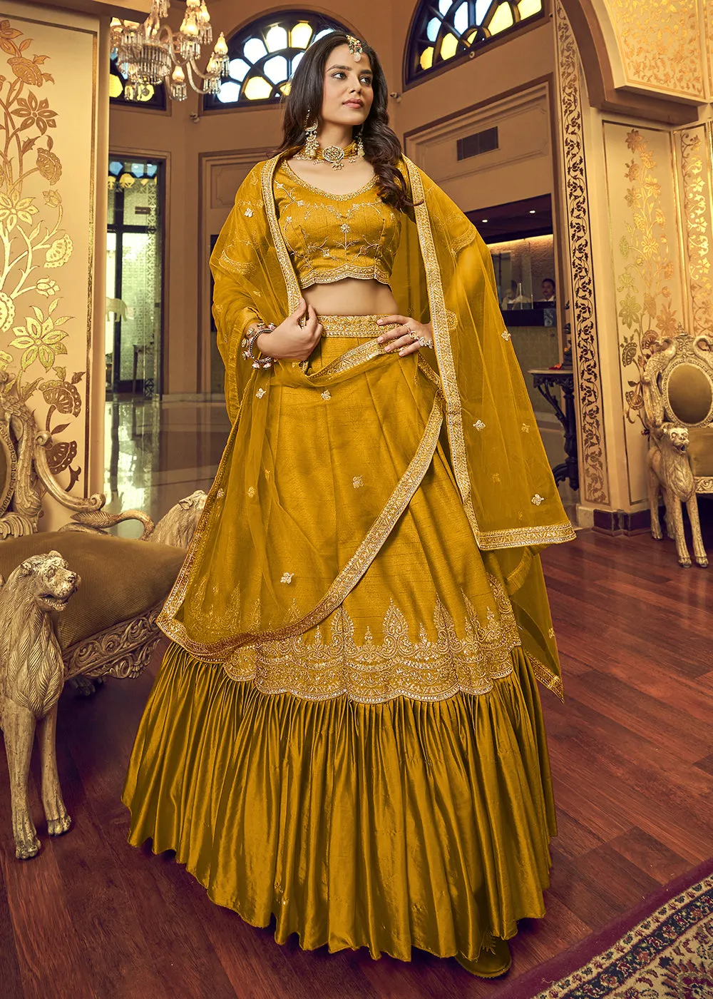 Mustard Yellow Lino Silk Ruffle Party Wear Lehenga Choli