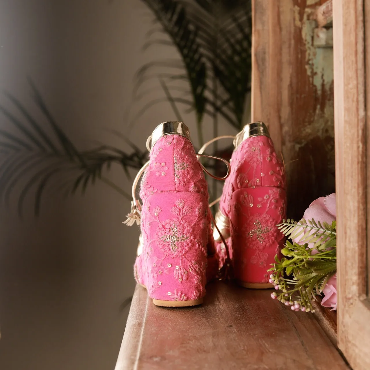 Pink Embroidered Bridal Sneaker Wedges - Customized Wedding Shoes