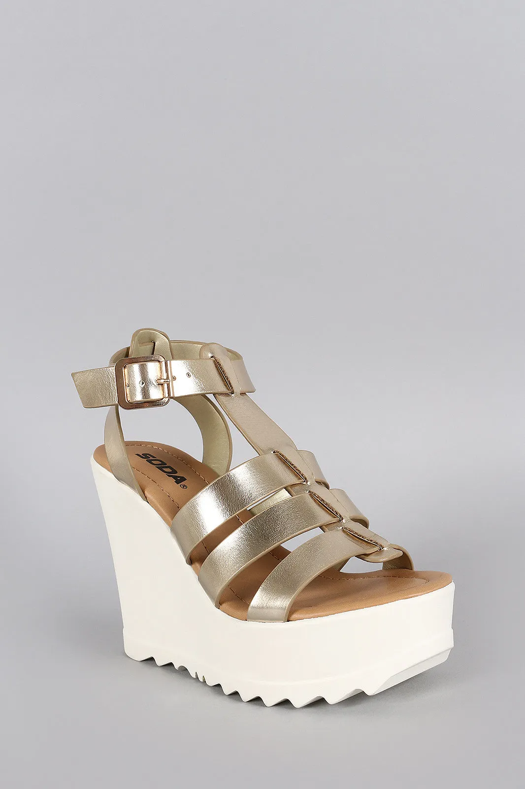 Soda Metallic Strappy Lug Sole Platform Wedge