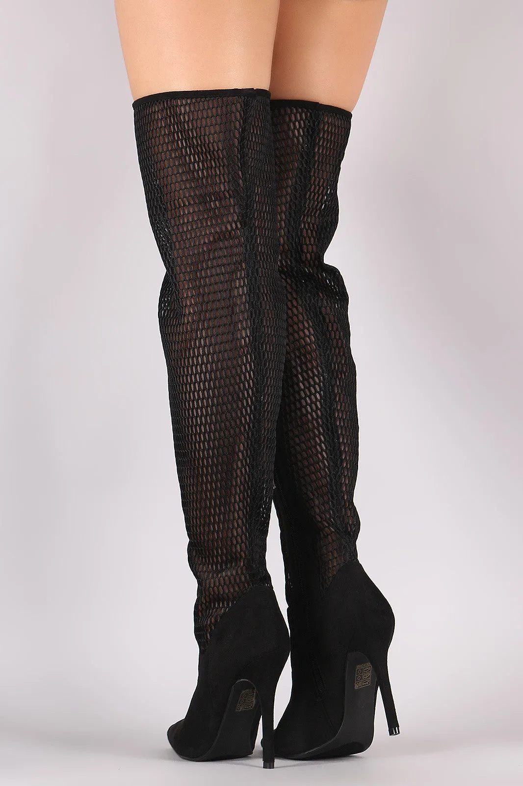 Suede Pointy Toe Mesh Contrast OTK Stiletto Boots