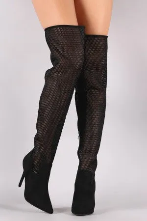 Suede Pointy Toe Mesh Contrast OTK Stiletto Boots