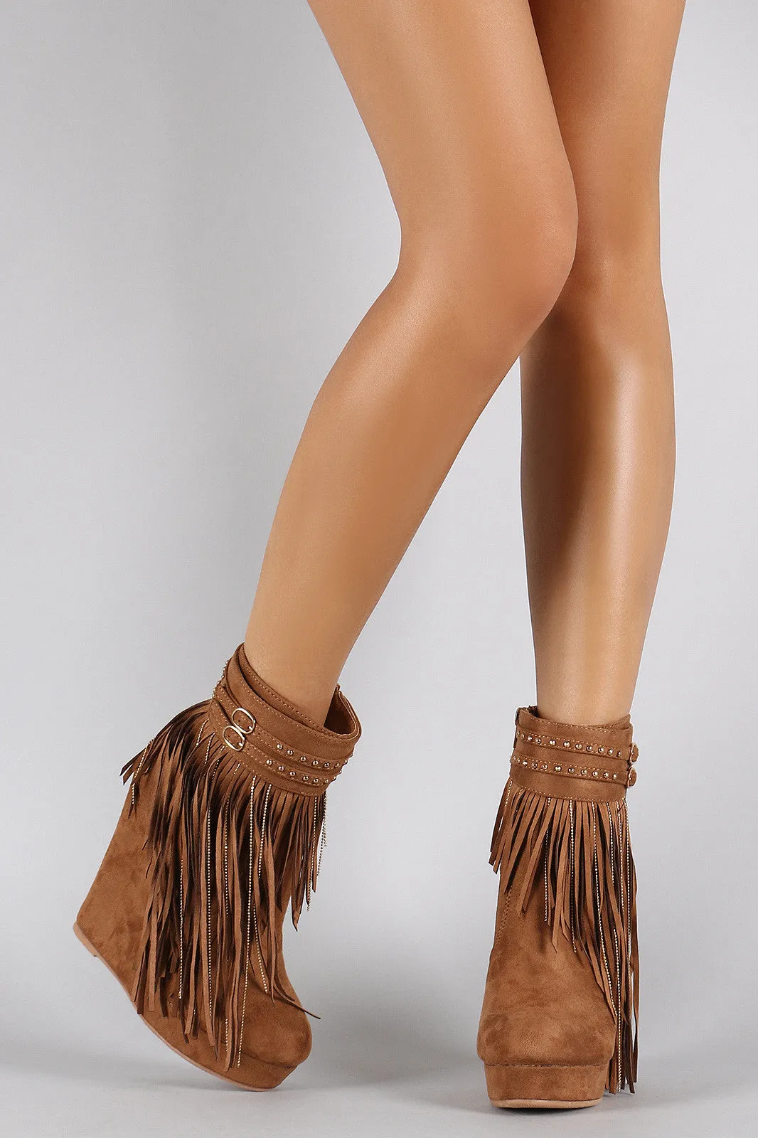 Suede Studded Fringe Round Toe Platform Wedge Booties