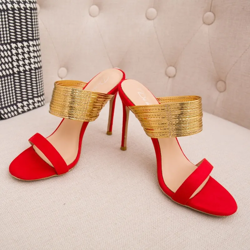 Summer Fashion High Heel Shoes Open Toe Gold Leather Cutouts Thin Heels Sandals Black Nude Red Shoes