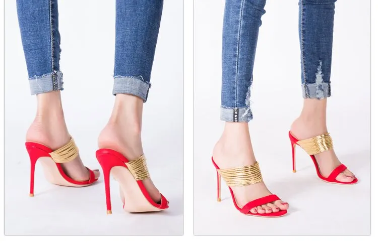 Summer Fashion High Heel Shoes Open Toe Gold Leather Cutouts Thin Heels Sandals Black Nude Red Shoes